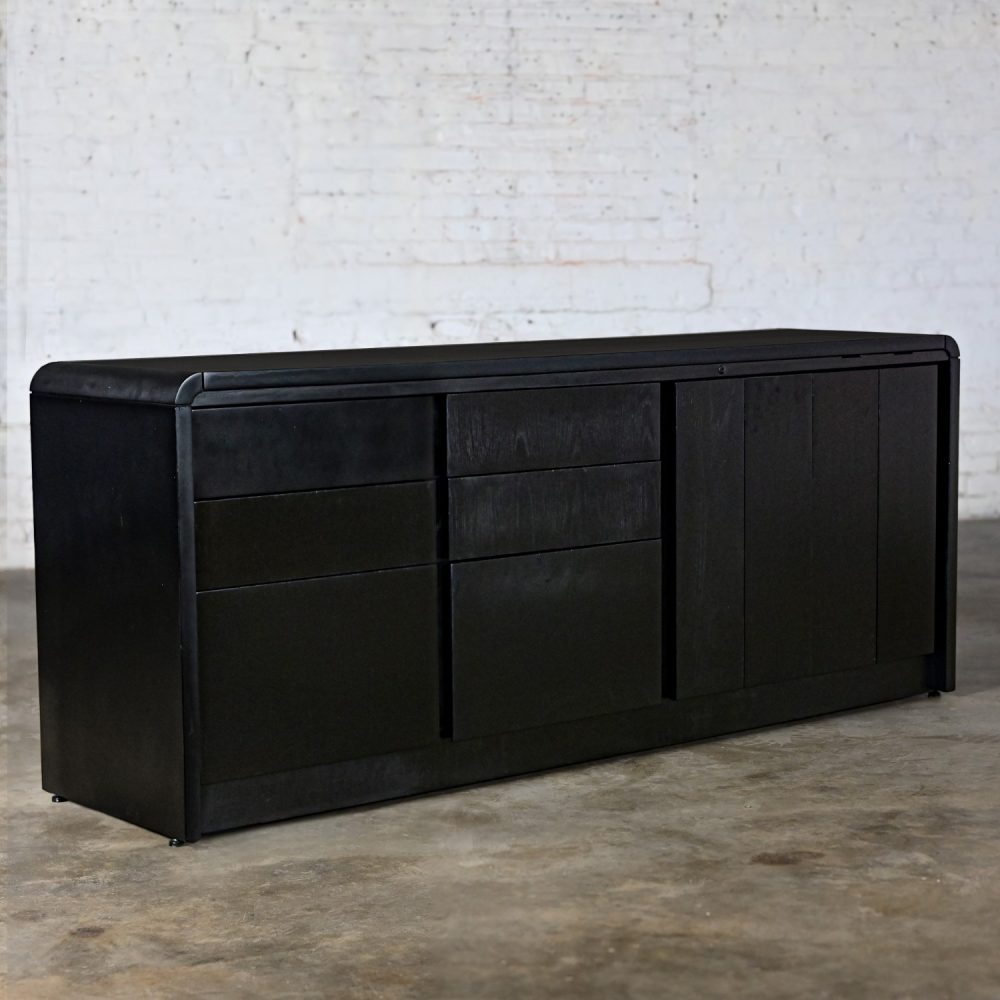 Late 20th Century Modern to Scandinavian Modern Black Painted Oak Waterfall Style Buffet Credenza or Cabinet