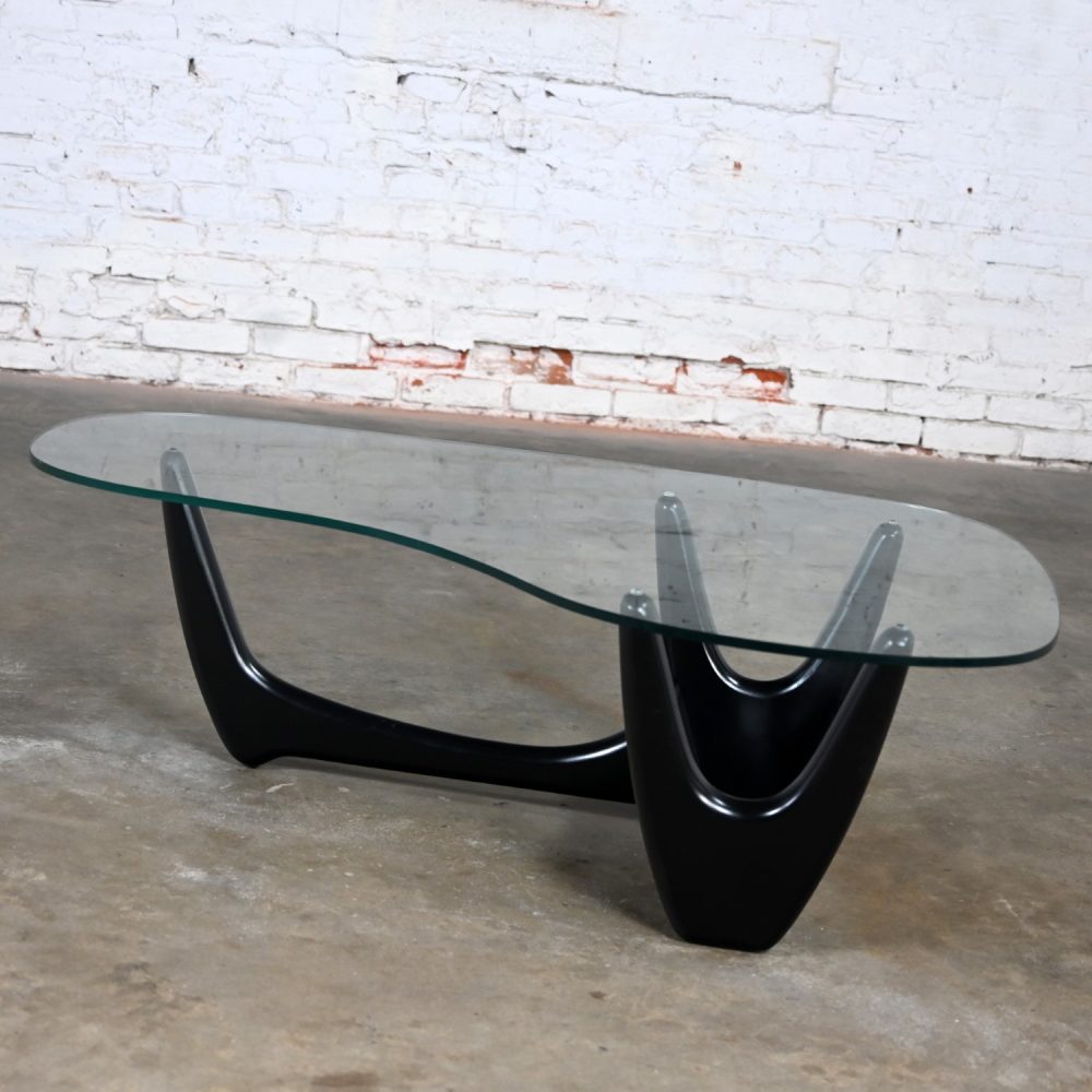 Mid Century Modern Coffee Table with Black Base & Biomorphic Glass Top Style Kroehler Pearsall or Tonk