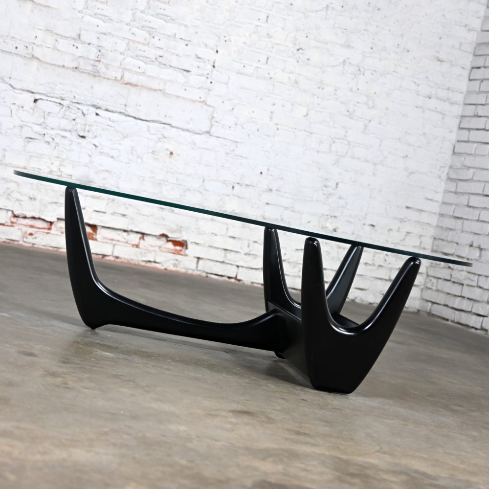 Mid Century Modern Coffee Table with Black Base & Biomorphic Glass Top Style Kroehler Pearsall or Tonk