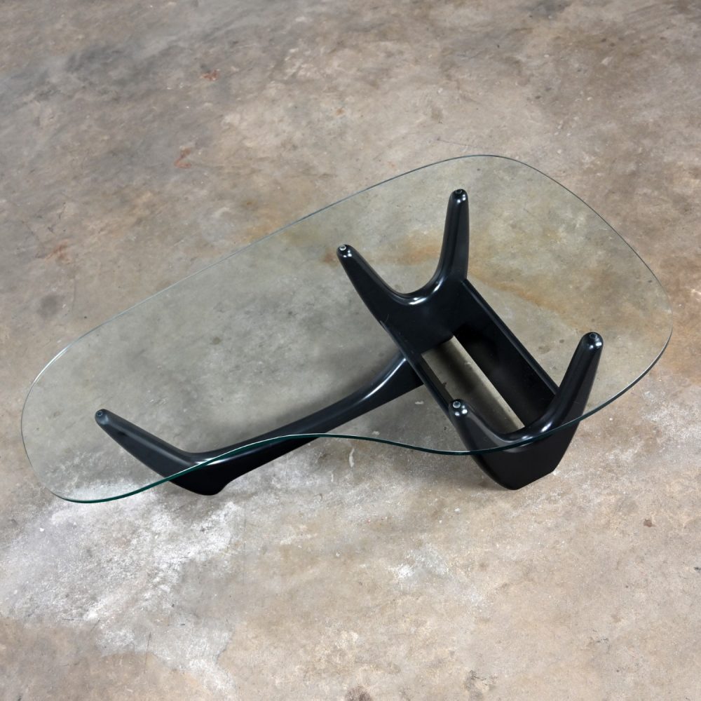 Mid Century Modern Coffee Table with Black Base & Biomorphic Glass Top Style Kroehler Pearsall or Tonk