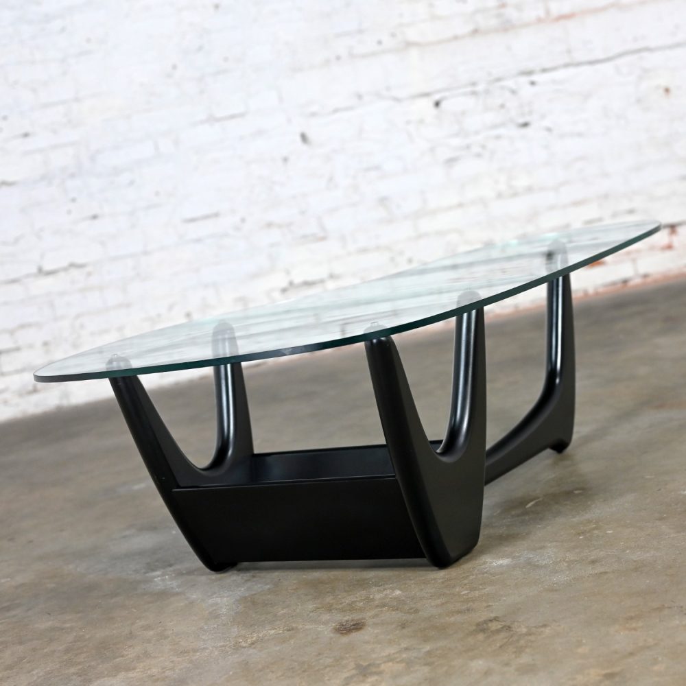 Mid Century Modern Coffee Table with Black Base & Biomorphic Glass Top Style Kroehler Pearsall or Tonk