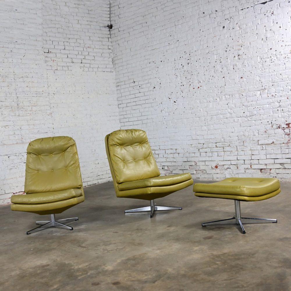 Mid-20th Century Mid Century Modern Pair Chartreuse Faux Leather Swivel Lounge Chairs & One Ottoman Style of Overman