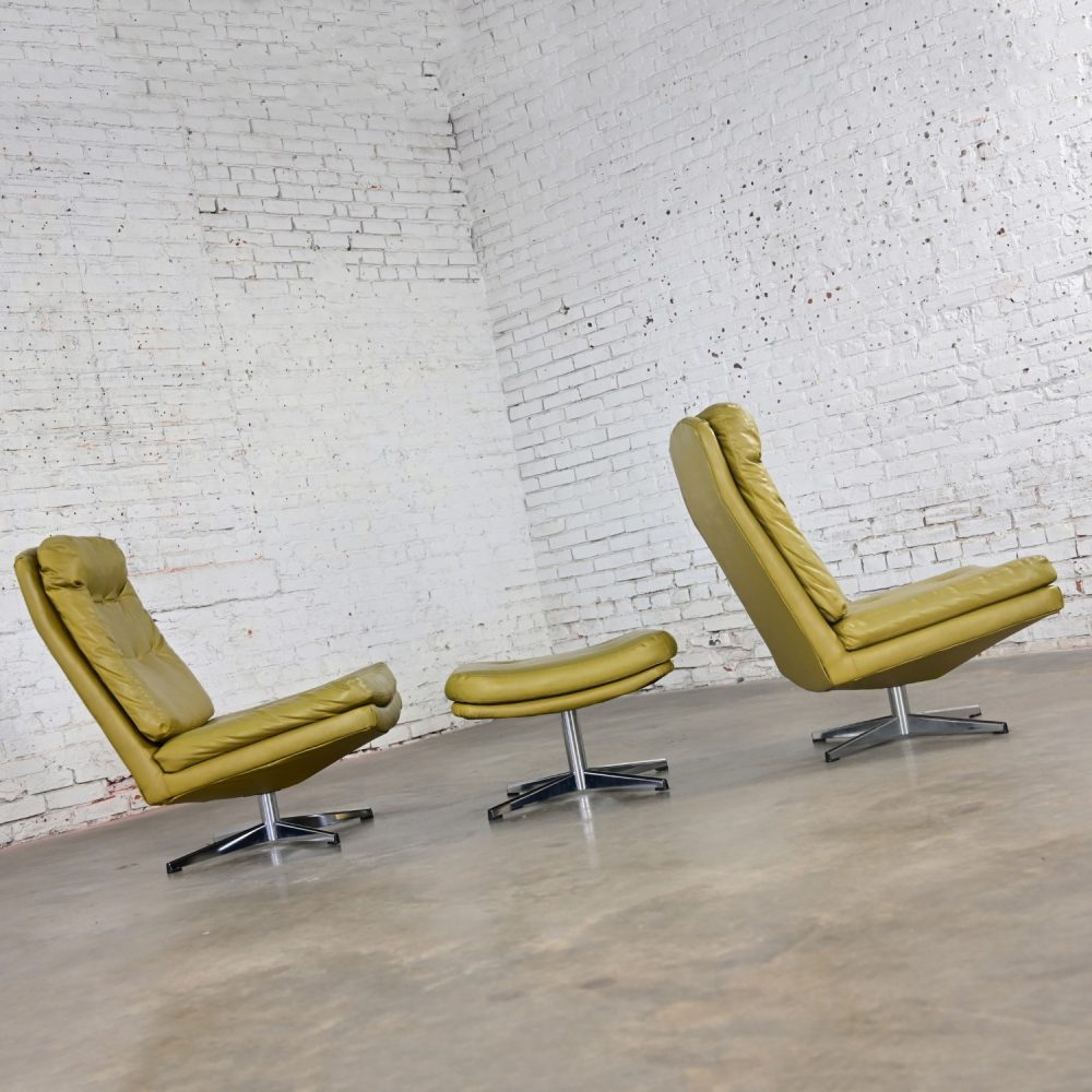 Mid-20th Century Mid Century Modern Pair Chartreuse Faux Leather Swivel Lounge Chairs & One Ottoman Style of Overman