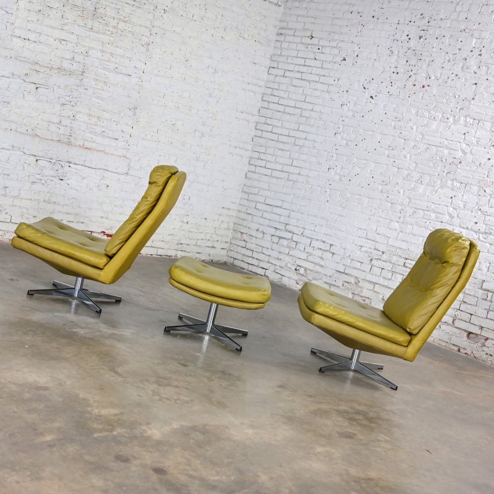 Mid-20th Century Mid Century Modern Pair Chartreuse Faux Leather Swivel Lounge Chairs & One Ottoman Style of Overman