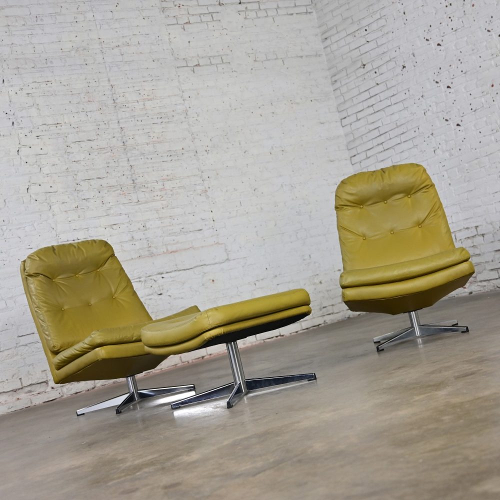 Mid-20th Century Mid Century Modern Pair Chartreuse Faux Leather Swivel Lounge Chairs & One Ottoman Style of Overman