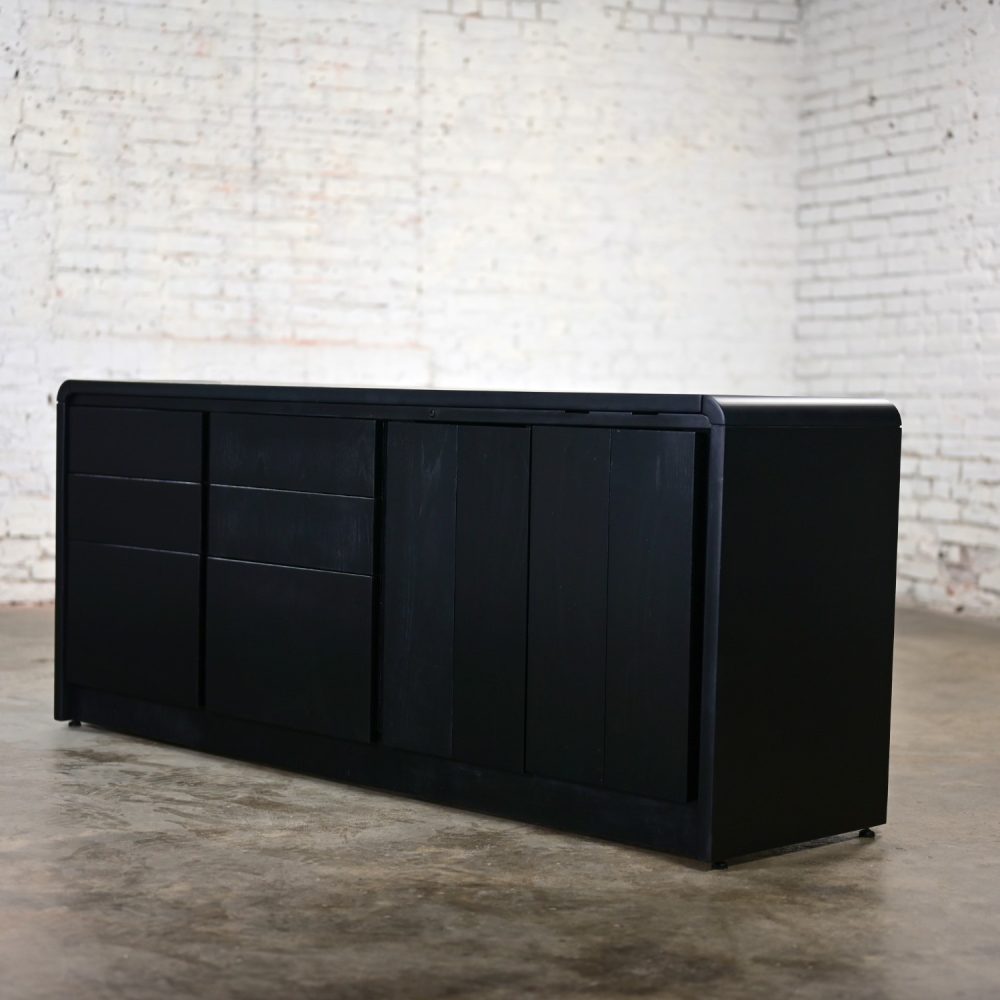 Late 20th Century Modern to Scandinavian Modern Black Painted Oak Waterfall Style Buffet Credenza or Cabinet