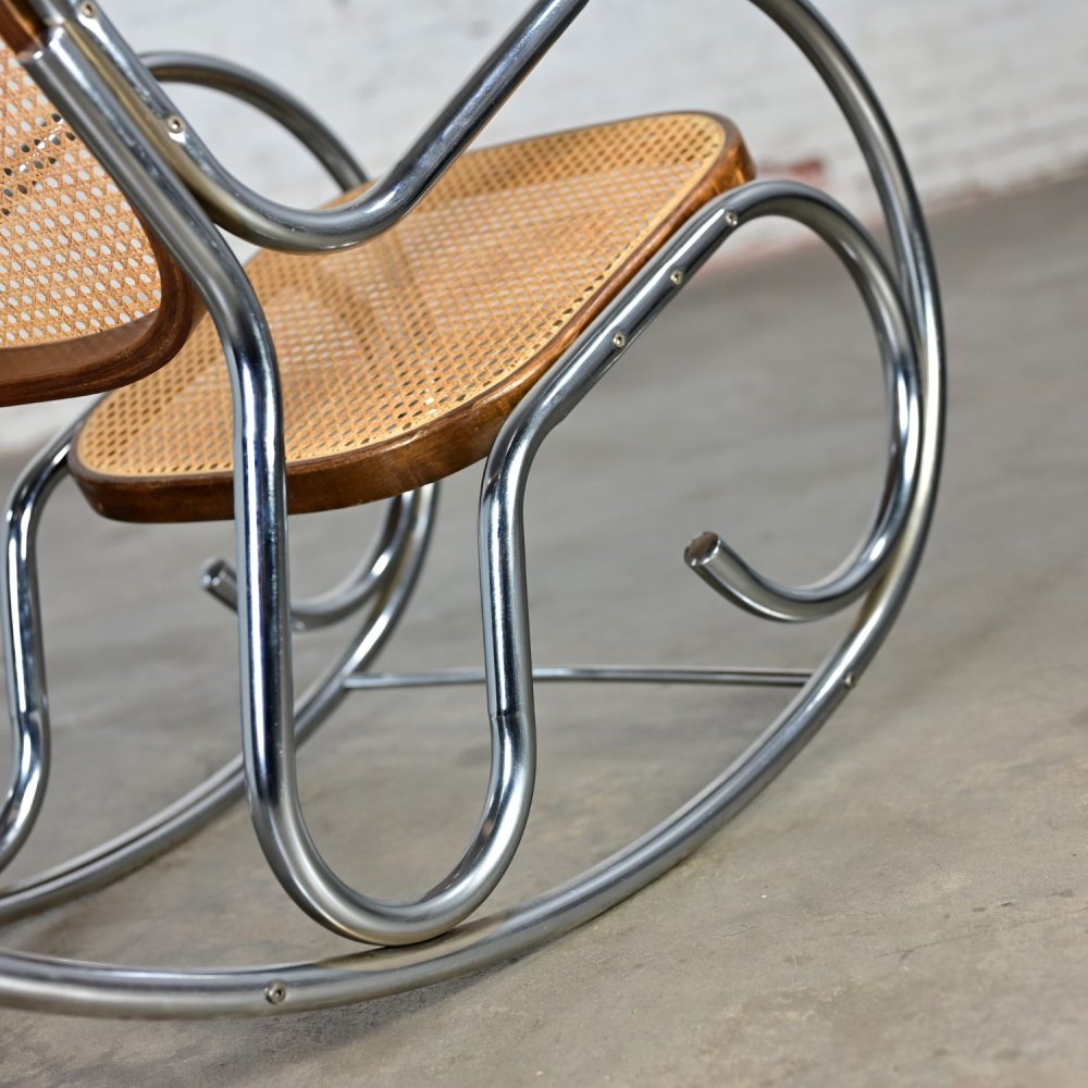 1970’s Bauhaus Style Chrome Tube Bentwood & Cane Rocking Chair or Rocker