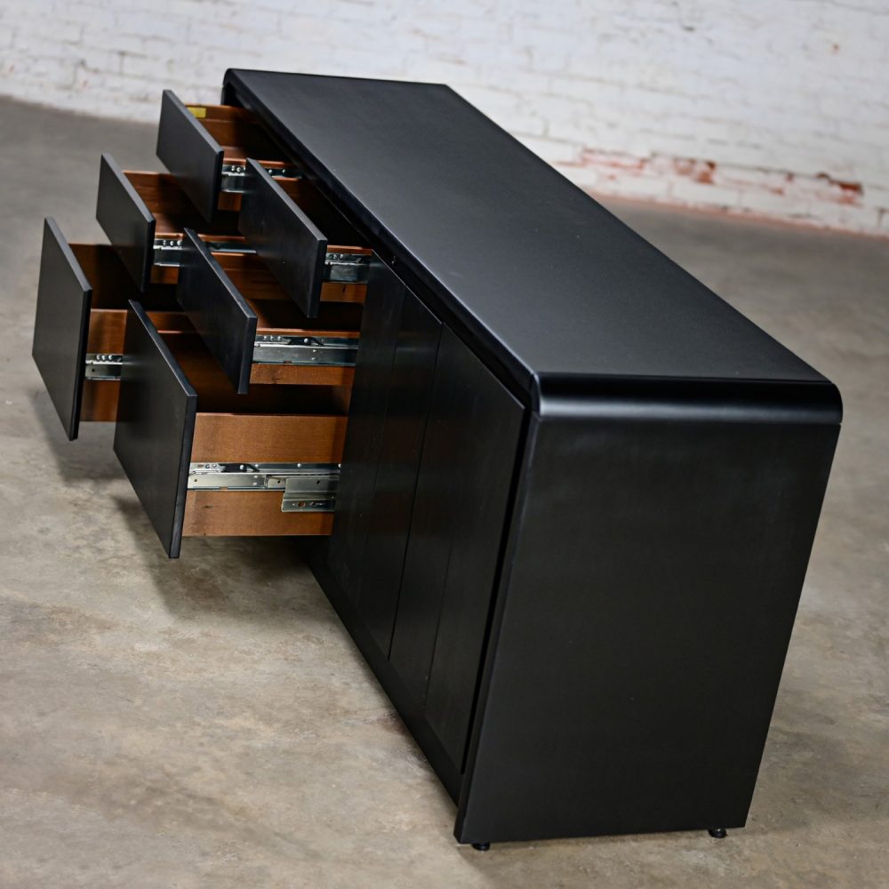 Late 20th Century Modern to Scandinavian Modern Black Painted Oak Waterfall Style Buffet Credenza or Cabinet