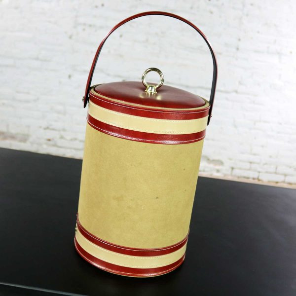 1960 -1970 Mid Century Modern Ice Bucket Signed George Briard Tan & Rust Faux Suede Leather