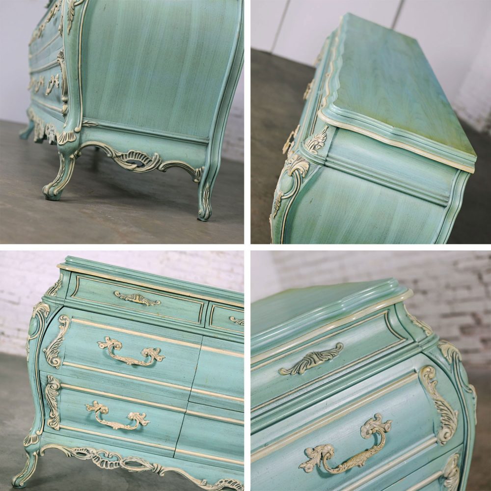 French Provincial Style Heavy Carved Powder Blue Ceruse Bombay Dresser & Mirror