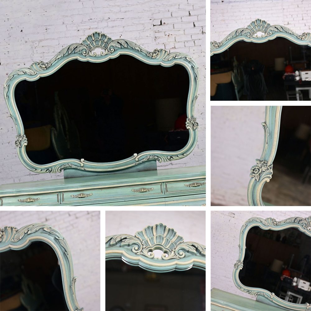 French Provincial Style Heavy Carved Powder Blue Ceruse Bombay Dresser & Mirror