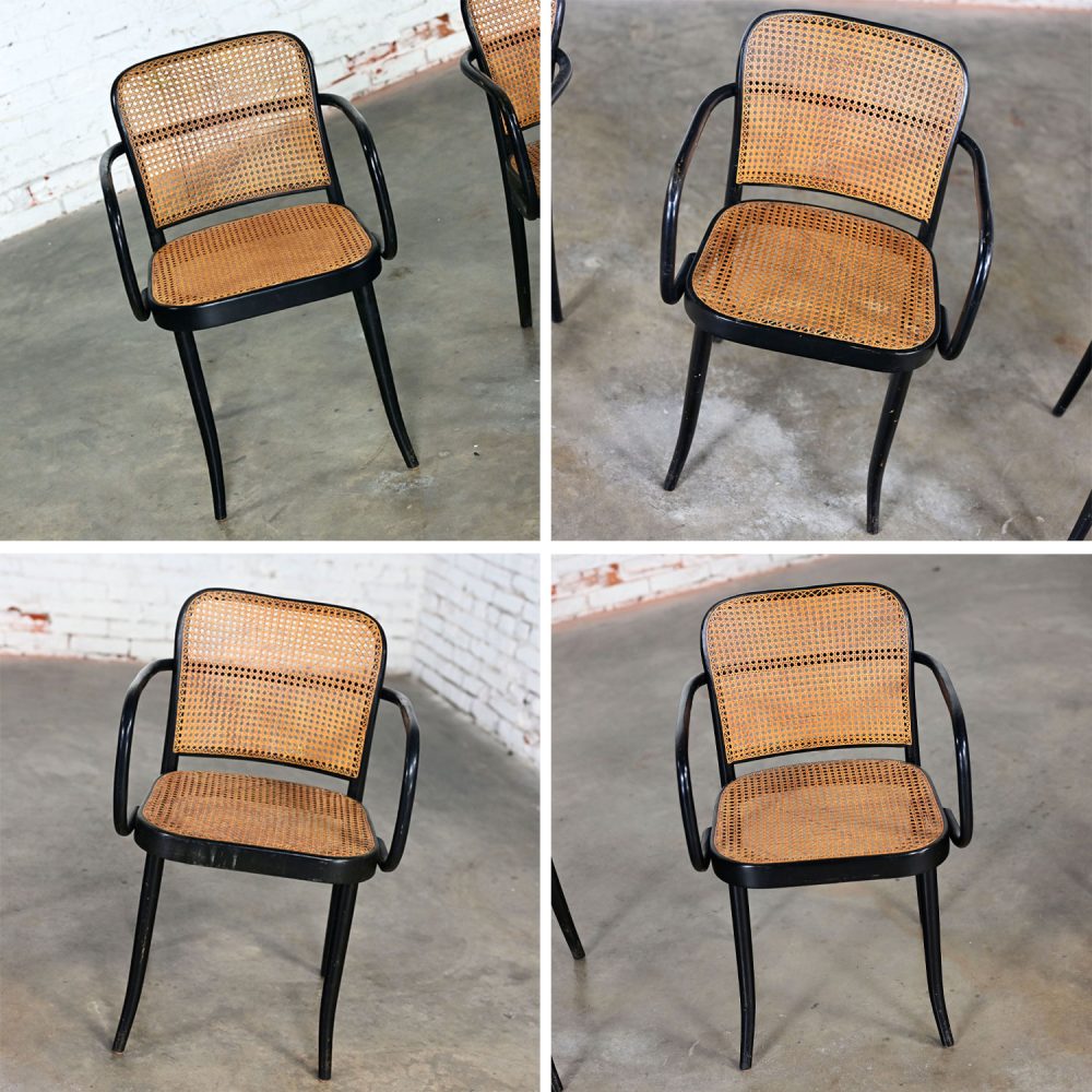 4 Vintage Bauhaus Black Bentwood & Cane Josef Hoffman Prague 811 Armchairs for Stendig by Thonet