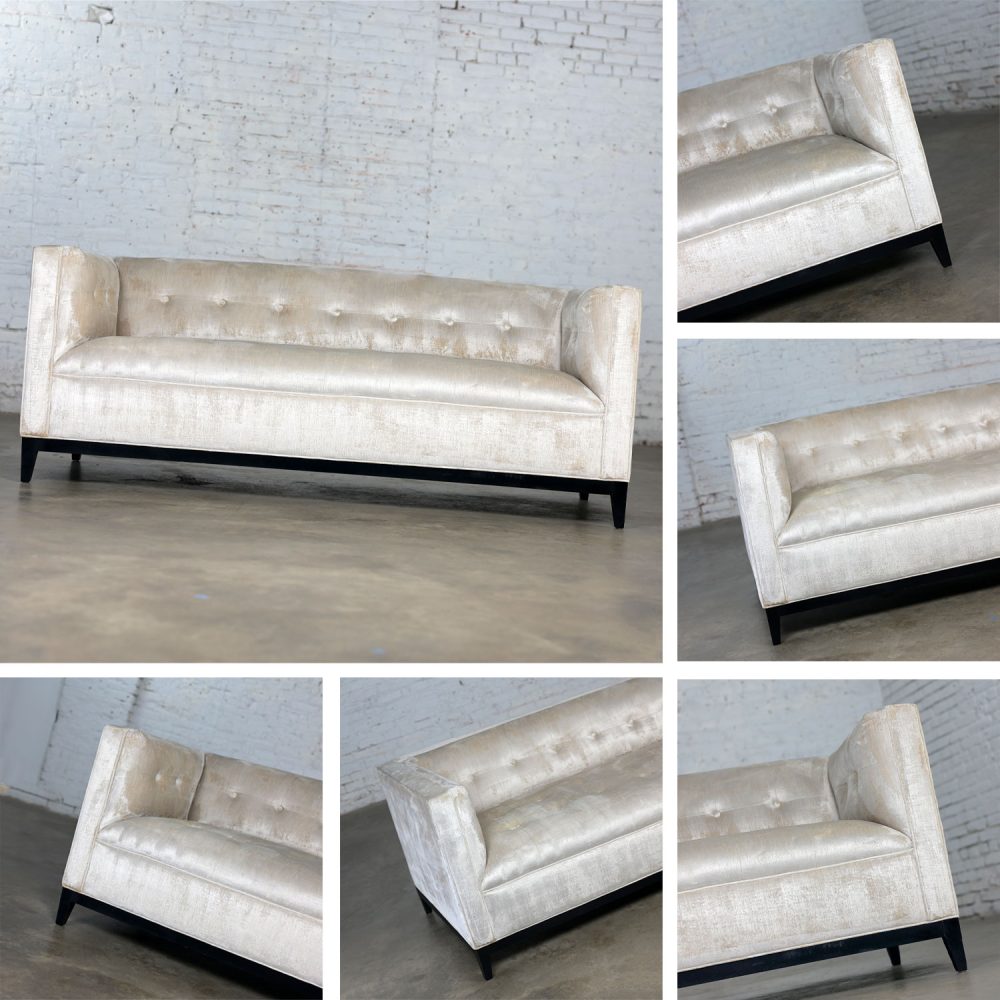 Early 21st Century Modern Velvet Tuxedo Sofa Settee Tight Back Button Detail & Black Painted Wood Base