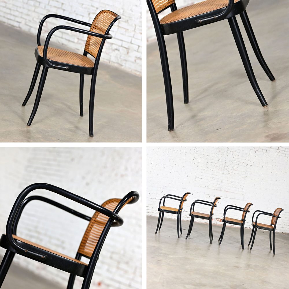 4 Vintage Bauhaus Black Bentwood & Cane Josef Hoffman Prague 811 Armchairs for Stendig by Thonet