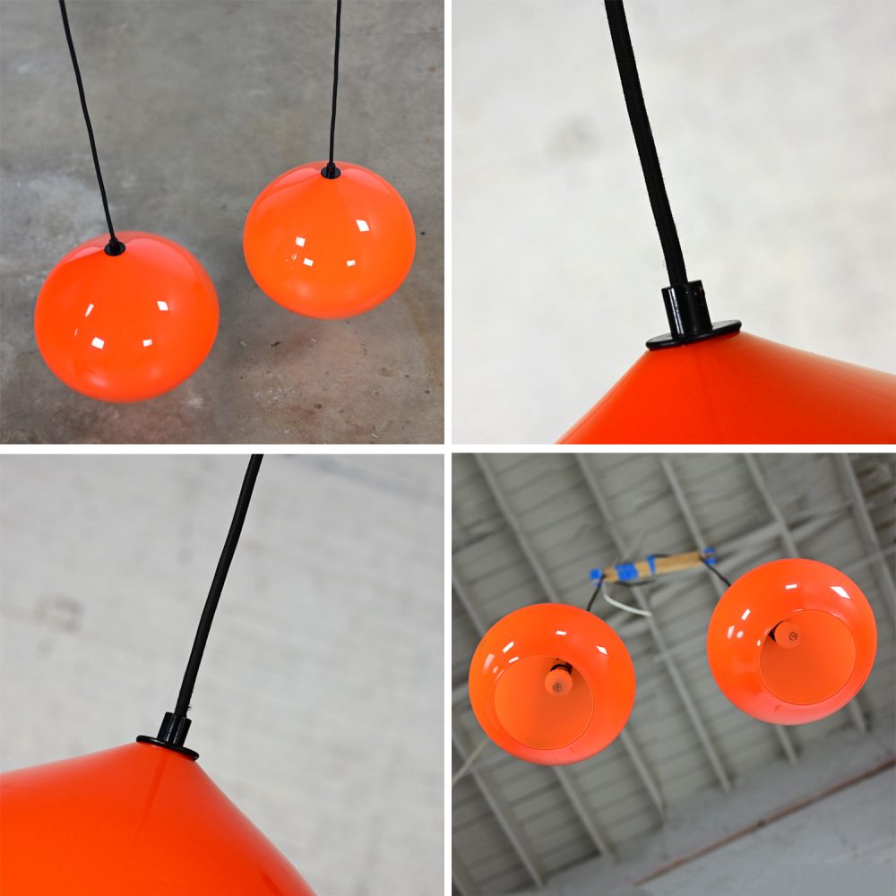 Mid Century Modern Italian Orange Cased Murano Glass Pendant Lights Attributed to Alessandro Pianon for Vistosi