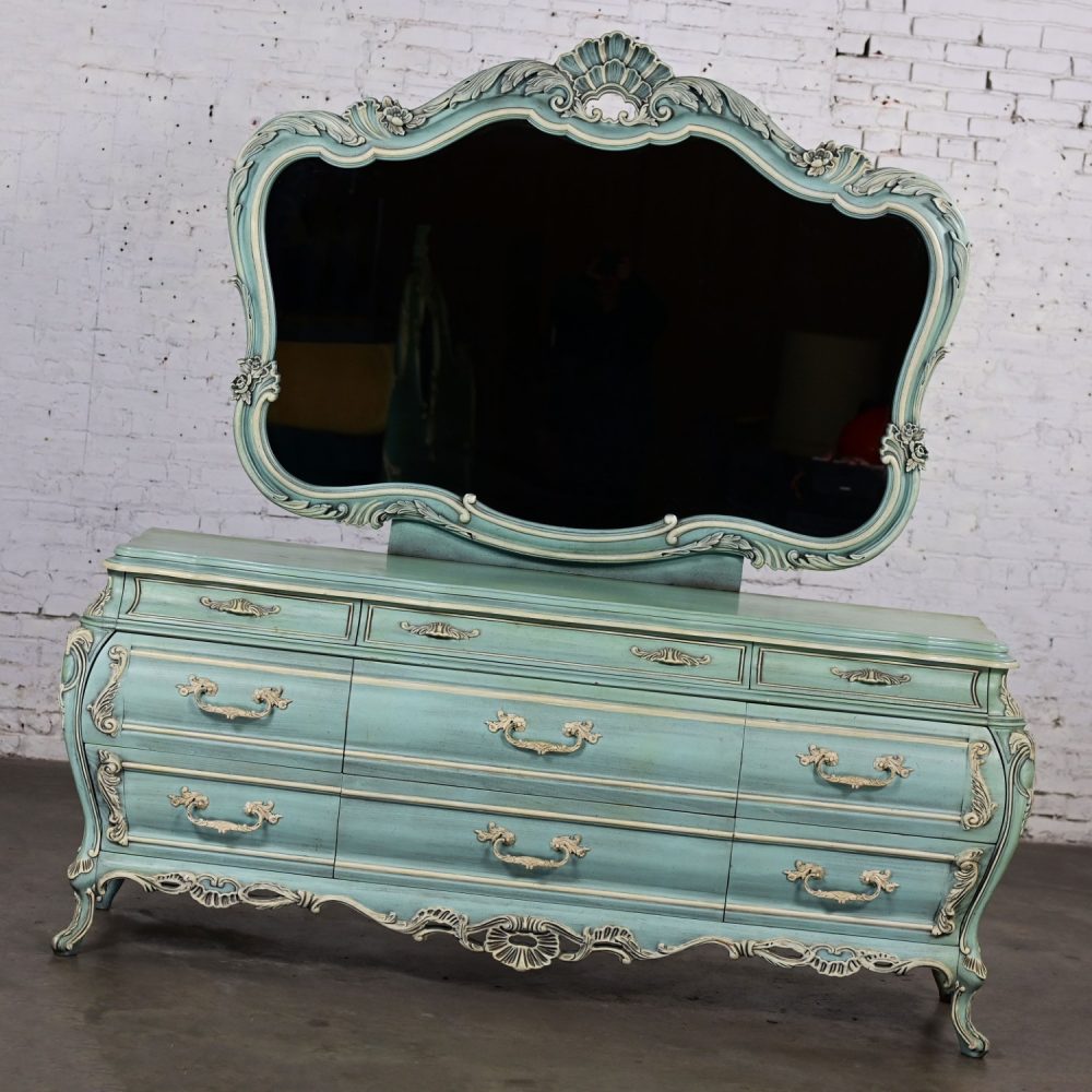 French Provincial Style Heavy Carved Powder Blue Ceruse Bombay Dresser & Mirror