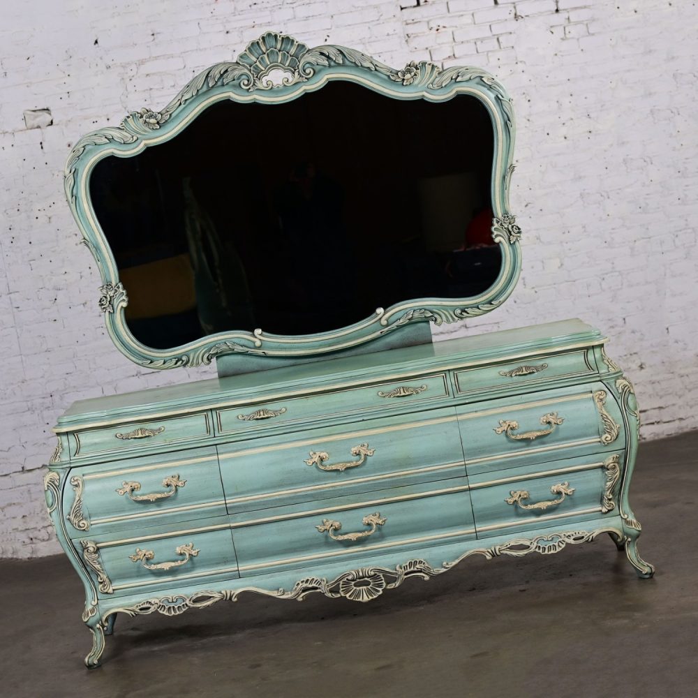 French Provincial Style Heavy Carved Powder Blue Ceruse Bombay Dresser & Mirror