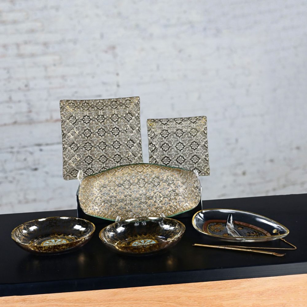 6 Piece Set Mid-20th Century Mid Century Modern Georges Briard Glass Pieces 1 Tray 2 Square Platters 2 Bowls & 1 Relish Dish