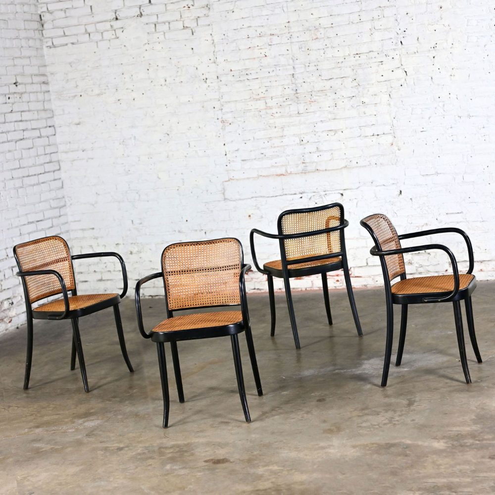 4 Vintage Bauhaus Black Bentwood & Cane Josef Hoffman Prague 811 Armchairs for Stendig by Thonet