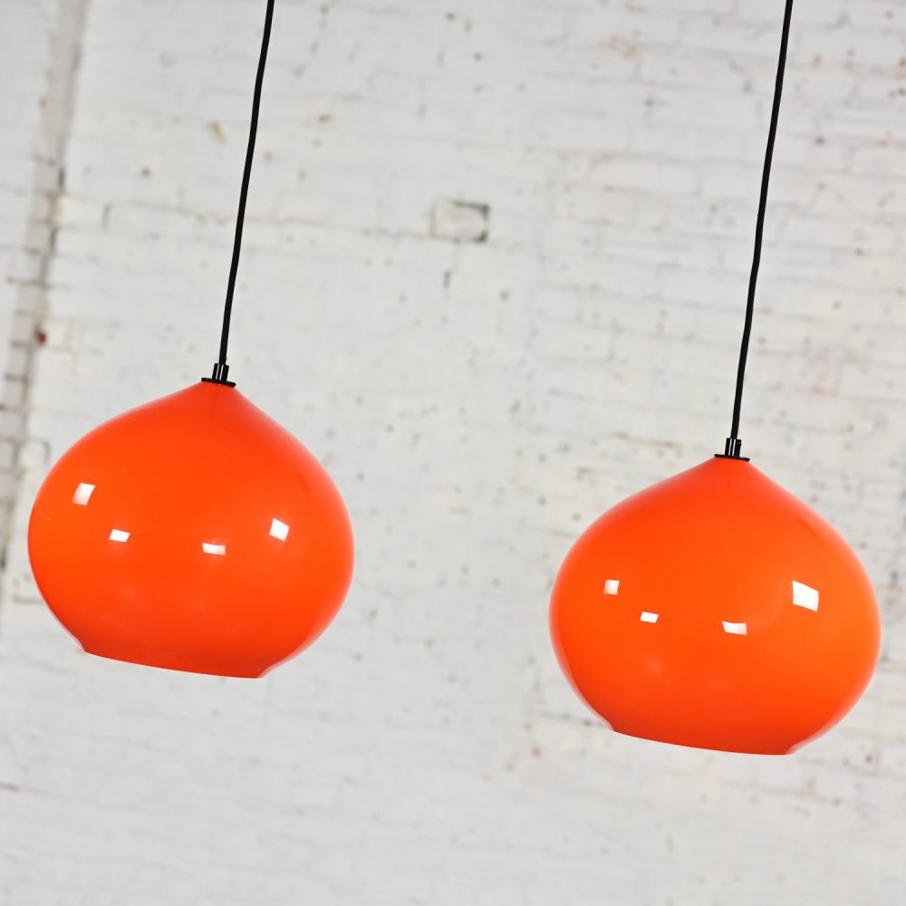 Mid Century Modern Italian Orange Cased Murano Glass Pendant Lights Attributed to Alessandro Pianon for Vistosi