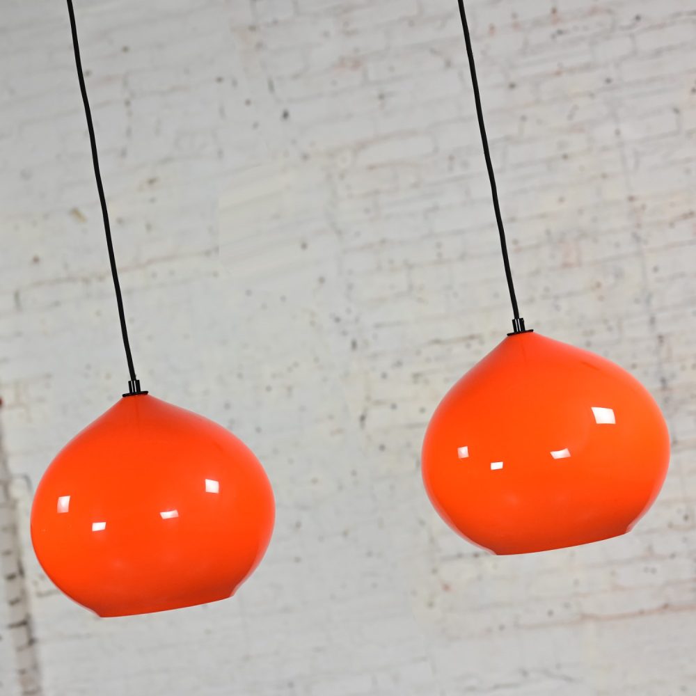 Mid Century Modern Italian Orange Cased Murano Glass Pendant Lights Attributed to Alessandro Pianon for Vistosi