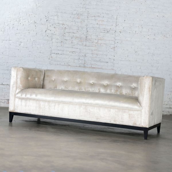 Early 21st Century Modern Velvet Tuxedo Sofa Settee Tight Back Button Detail & Black Painted Wood Base