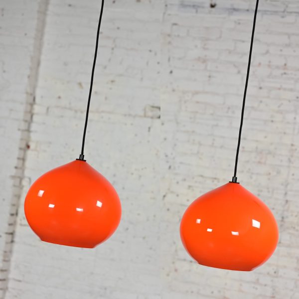 Mid Century Modern Italian Orange Cased Murano Glass Pendant Lights Attributed to Alessandro Pianon for Vistosi