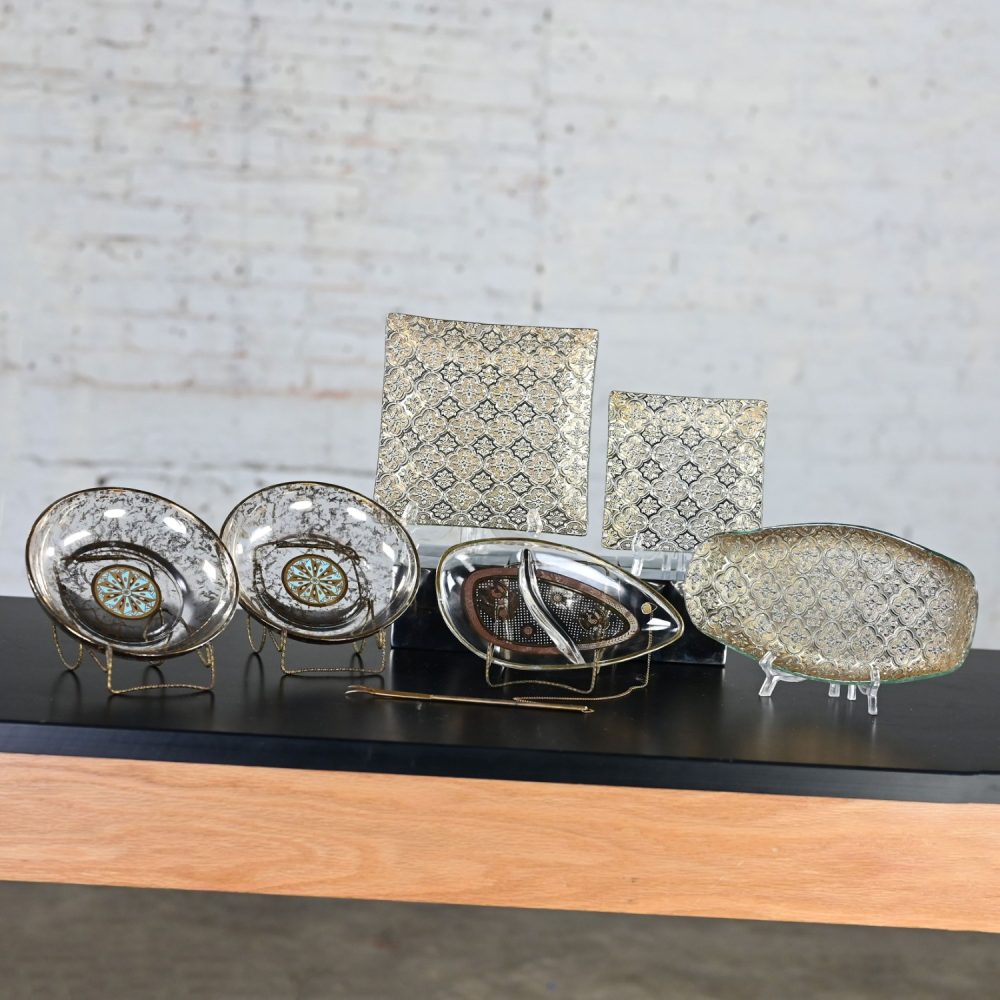 6 Piece Set Mid-20th Century Mid Century Modern Georges Briard Glass Pieces 1 Tray 2 Square Platters 2 Bowls & 1 Relish Dish