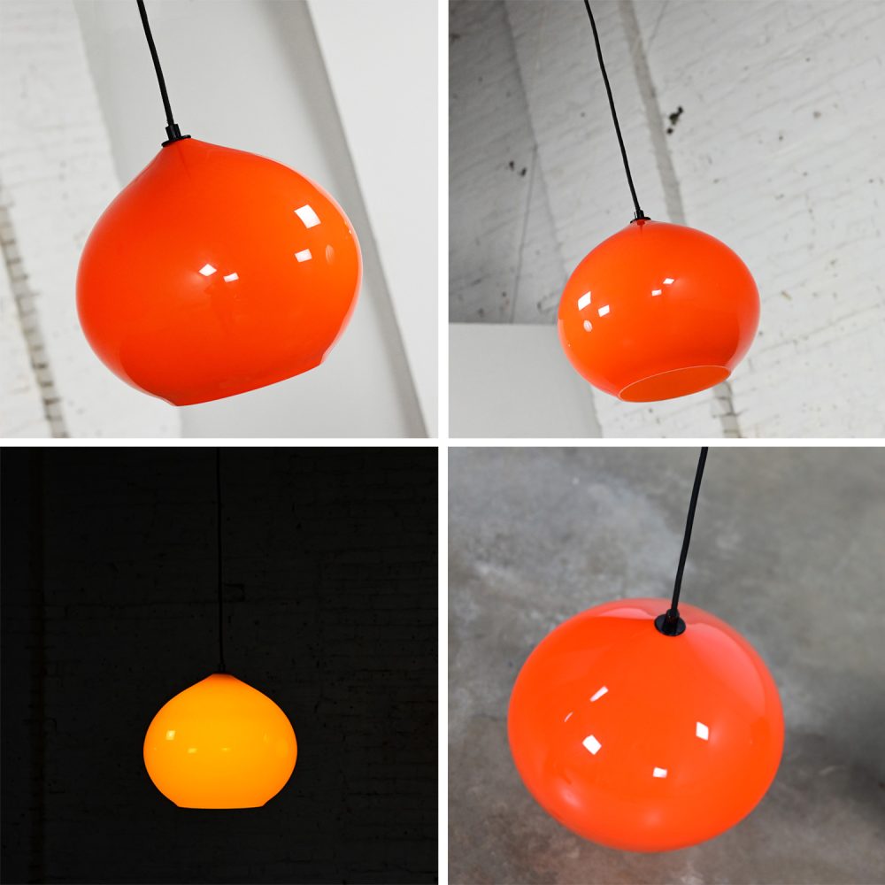 Mid Century Modern Italian Orange Cased Murano Glass Pendant Lights Attributed to Alessandro Pianon for Vistosi