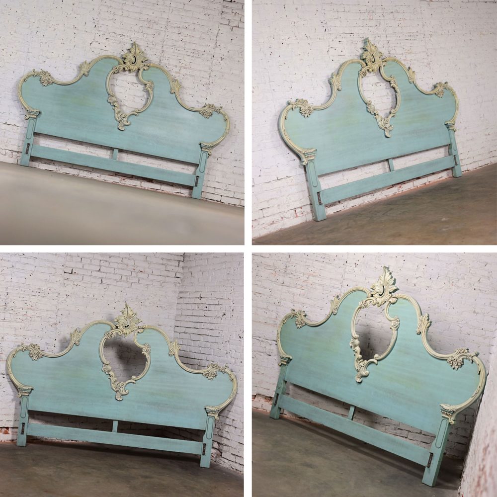 French Provincial Style Heavy Carved Powder Blue Ceruse Bombay Dresser & Mirror