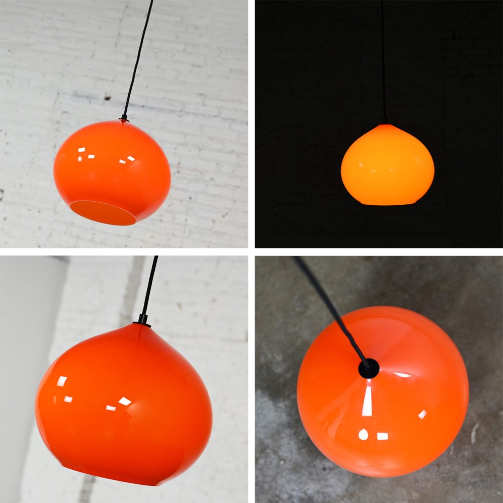 Mid Century Modern Italian Orange Cased Murano Glass Pendant Lights Attributed to Alessandro Pianon for Vistosi