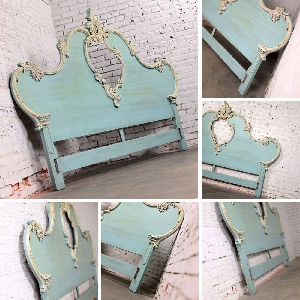 French Provincial Style Heavy Carved Powder Blue Ceruse Bombay Dresser & Mirror