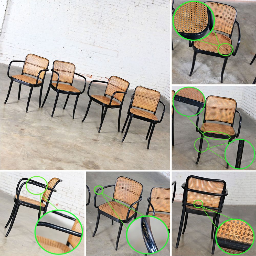 4 Vintage Bauhaus Black Bentwood & Cane Josef Hoffman Prague 811 Armchairs for Stendig by Thonet