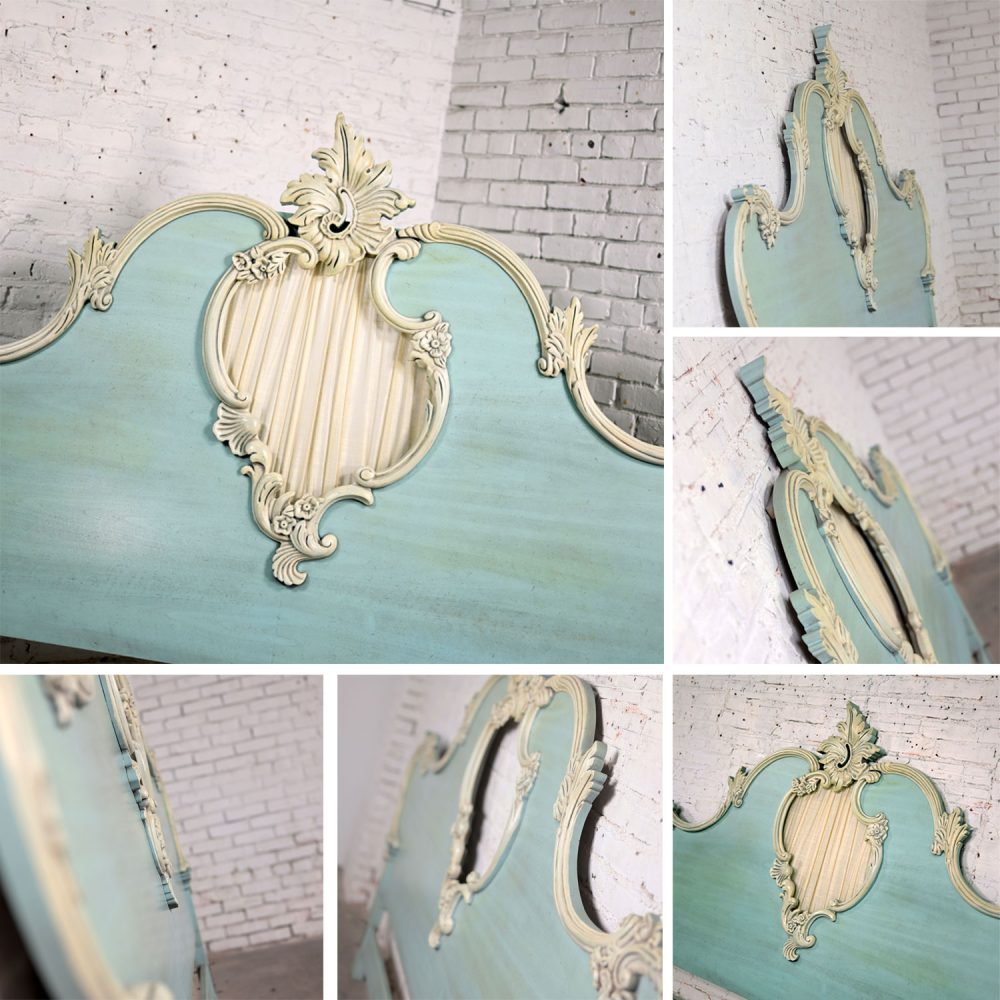 French Provincial Style Heavy Carved Powder Blue Ceruse Bombay Dresser & Mirror