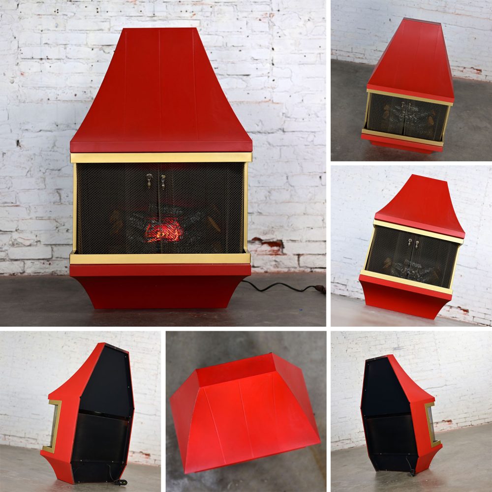 1960’s Mid-Century Modern Electric Wall Fireplace Orange with Gold Tone Trim Attributed to Montgomery Ward Style House