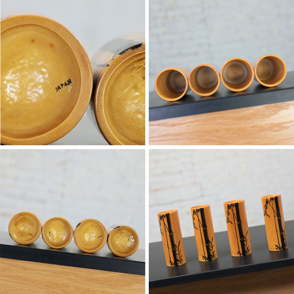 Mid-20th Century Asian Tabletop Set of 4 Bamboo Tumblers 4 Saki Cups & 4 Dessert Plates Made In Japan