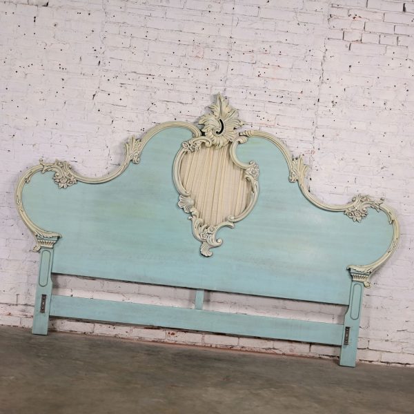 French Provincial Style Heavy Carved Powder Blue Ceruse Bombay Dresser & Mirror