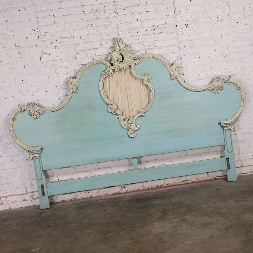 French Provincial Style Heavy Carved Powder Blue Ceruse Bombay Dresser & Mirror