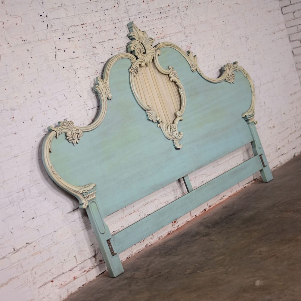 French Provincial Style Heavy Carved Powder Blue Ceruse Bombay Dresser & Mirror