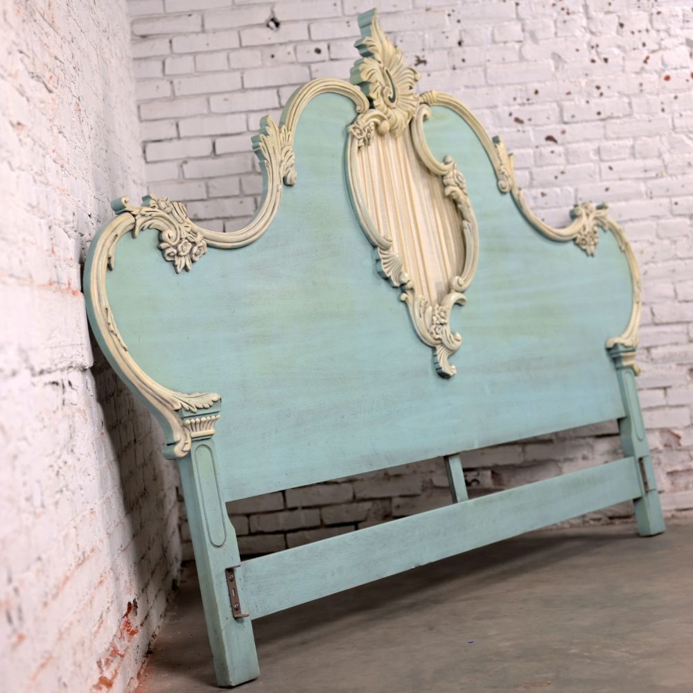 French Provincial Style Heavy Carved Powder Blue Ceruse Bombay Dresser & Mirror