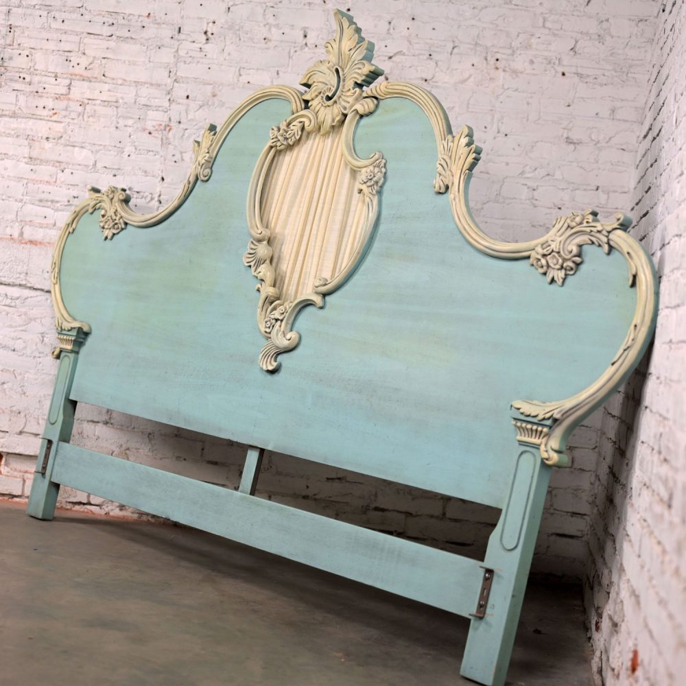 French Provincial Style Heavy Carved Powder Blue Ceruse Bombay Dresser & Mirror