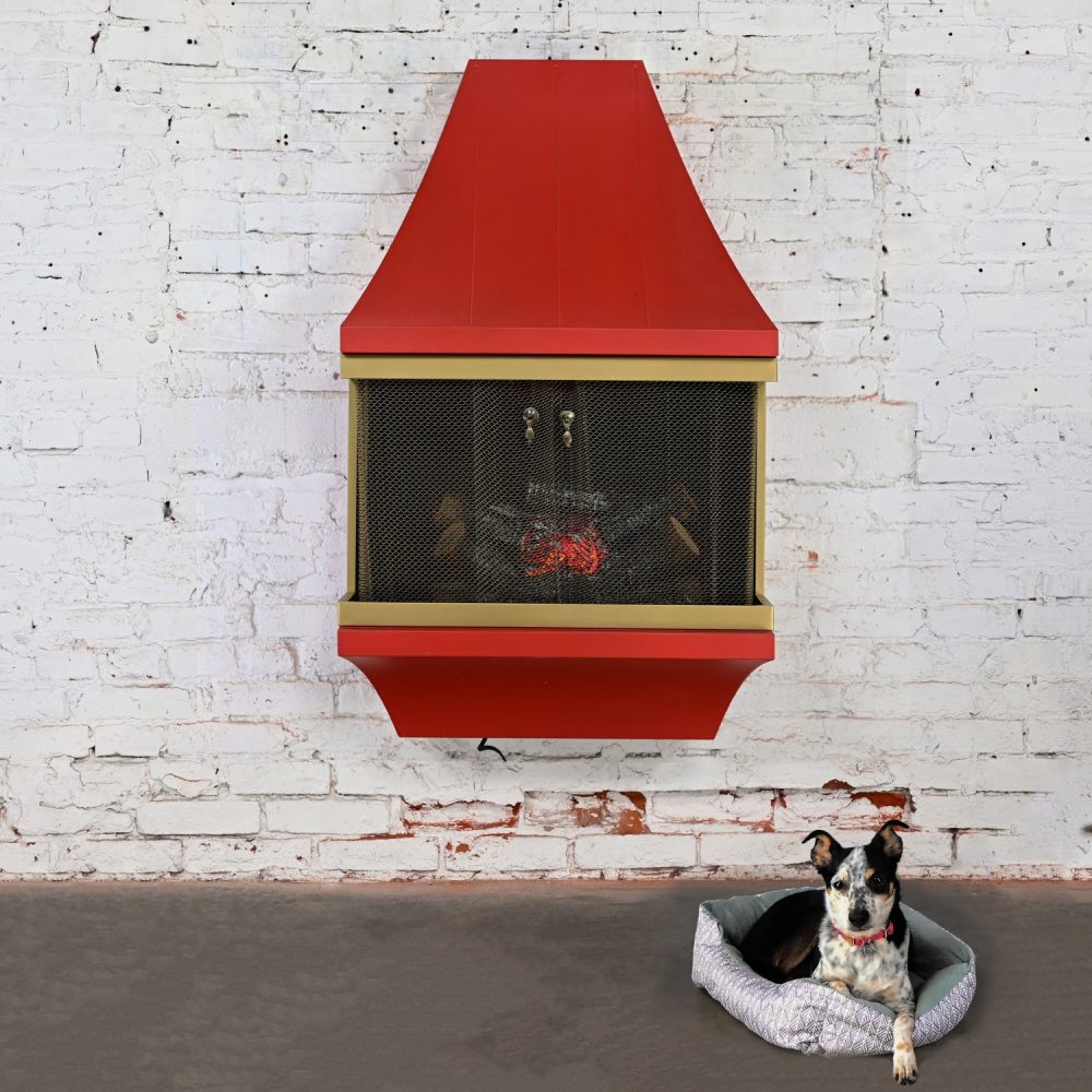 1960’s Mid-Century Modern Electric Wall Fireplace Orange with Gold Tone Trim Attributed to Montgomery Ward Style House