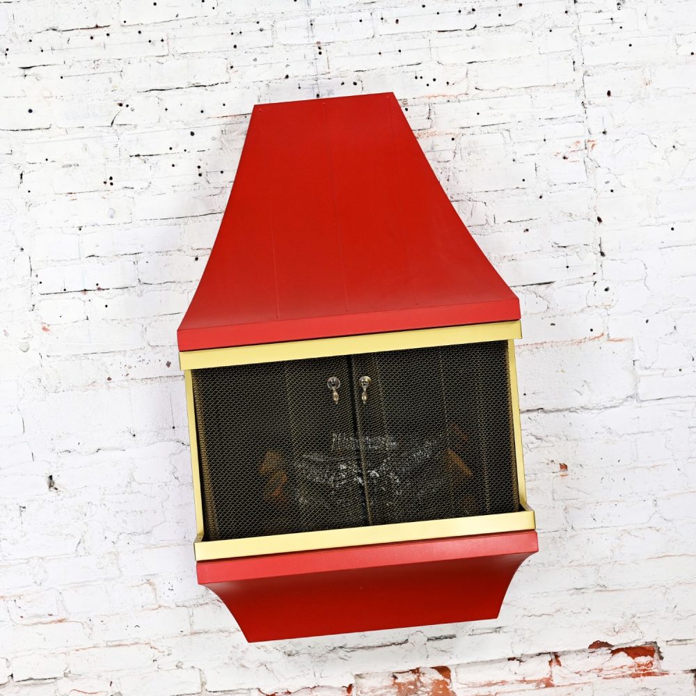 1960’s Mid-Century Modern Electric Wall Fireplace Orange with Gold Tone Trim Attributed to Montgomery Ward Style House