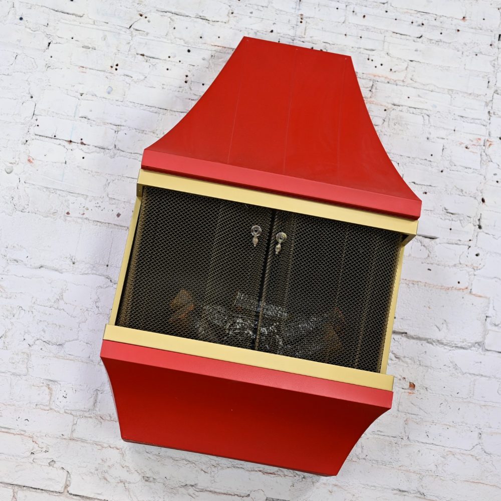 1960’s Mid-Century Modern Electric Wall Fireplace Orange with Gold Tone Trim Attributed to Montgomery Ward Style House