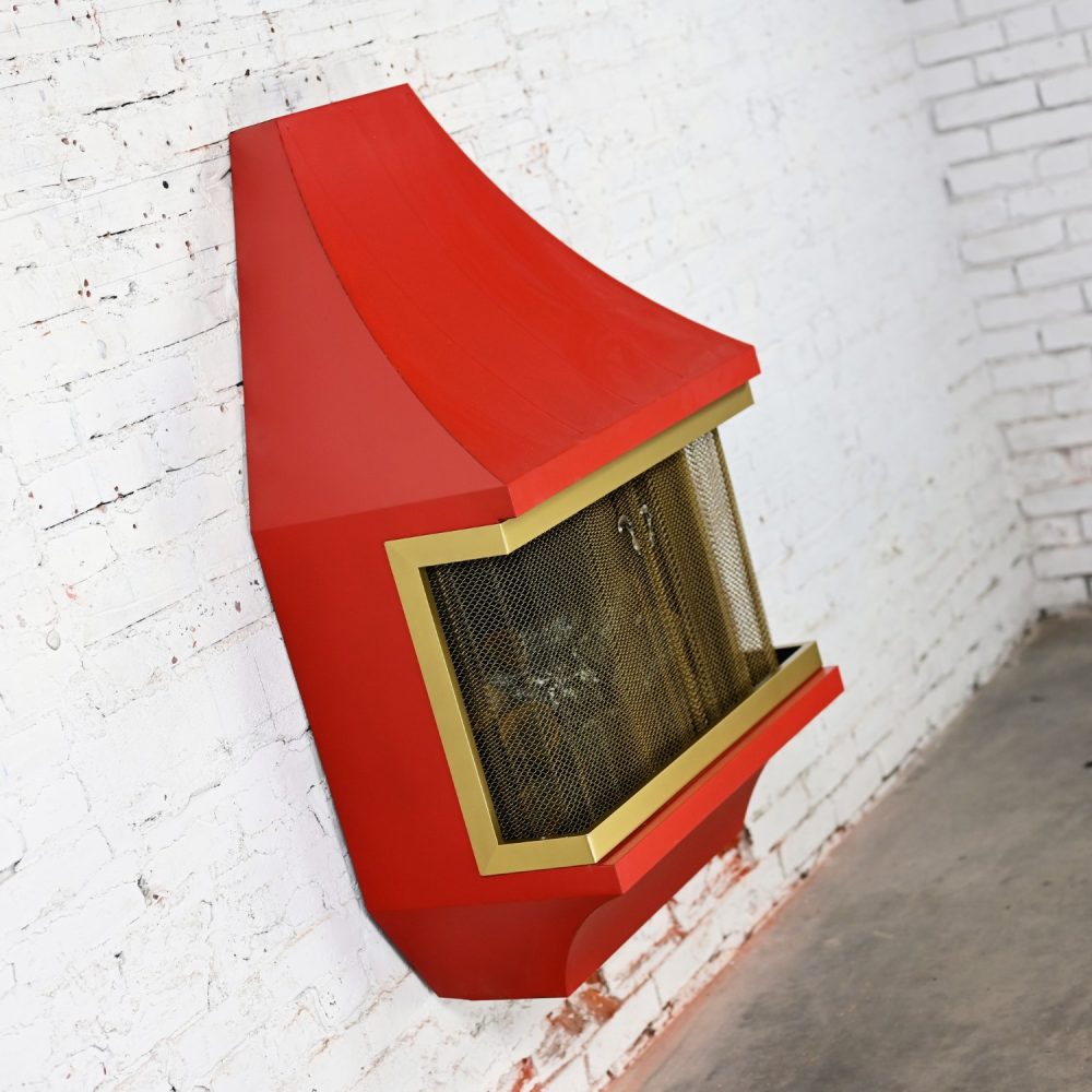 1960’s Mid-Century Modern Electric Wall Fireplace Orange with Gold Tone Trim Attributed to Montgomery Ward Style House