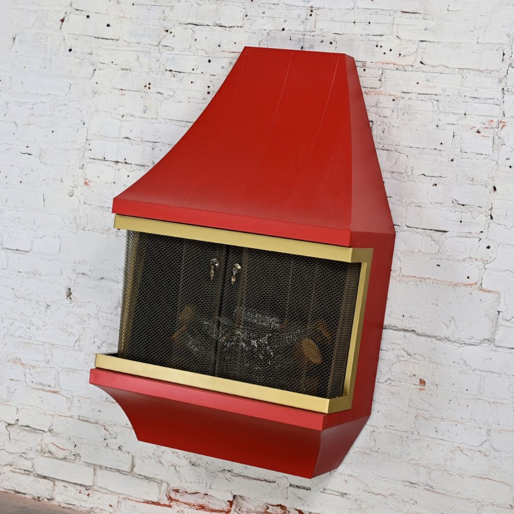 1960’s Mid-Century Modern Electric Wall Fireplace Orange with Gold Tone Trim Attributed to Montgomery Ward Style House