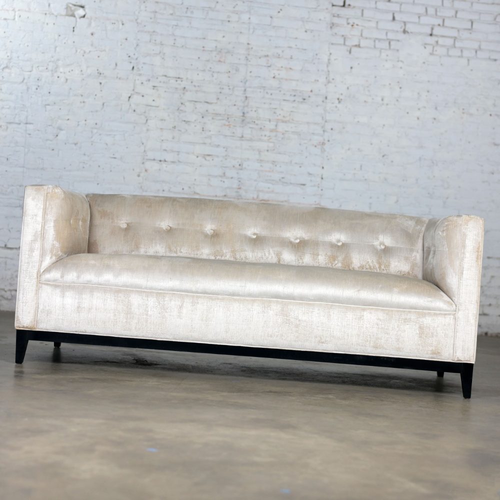 Early 21st Century Modern Velvet Tuxedo Sofa Settee Tight Back Button Detail & Black Painted Wood Base