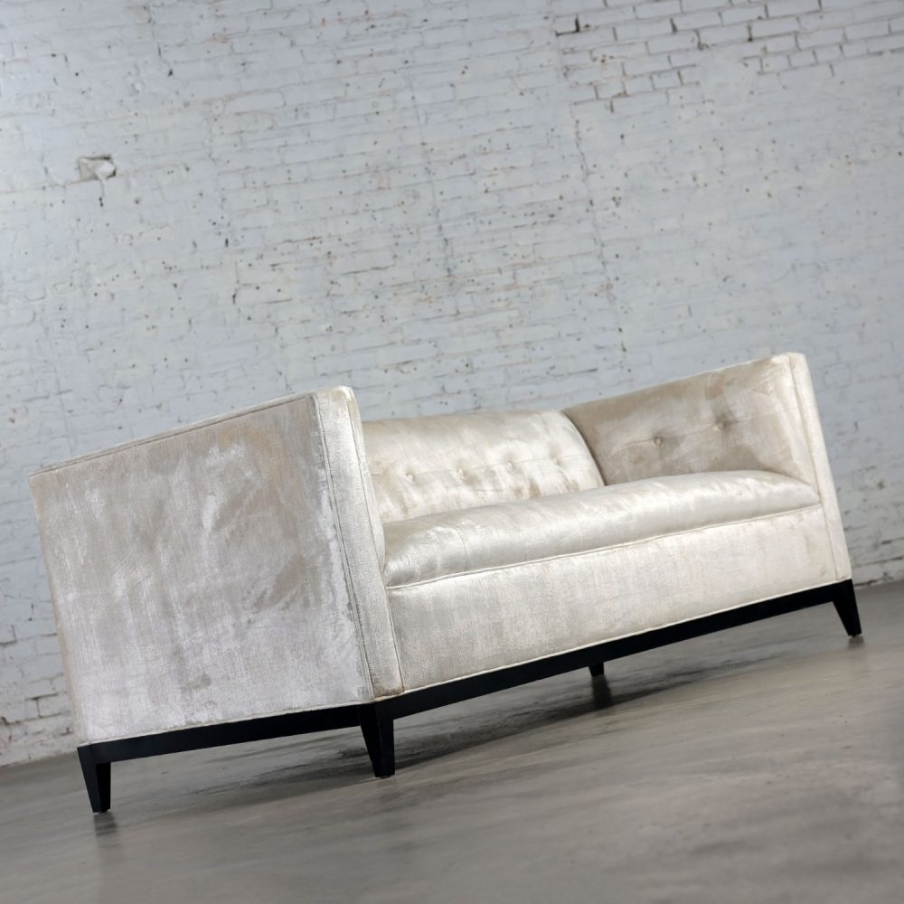 Early 21st Century Modern Velvet Tuxedo Sofa Settee Tight Back Button Detail & Black Painted Wood Base