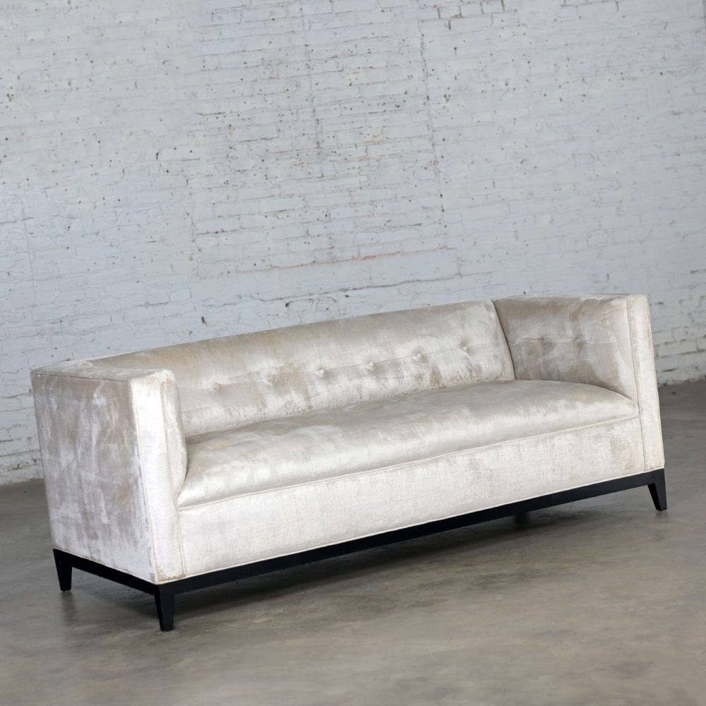 Early 21st Century Modern Velvet Tuxedo Sofa Settee Tight Back Button Detail & Black Painted Wood Base