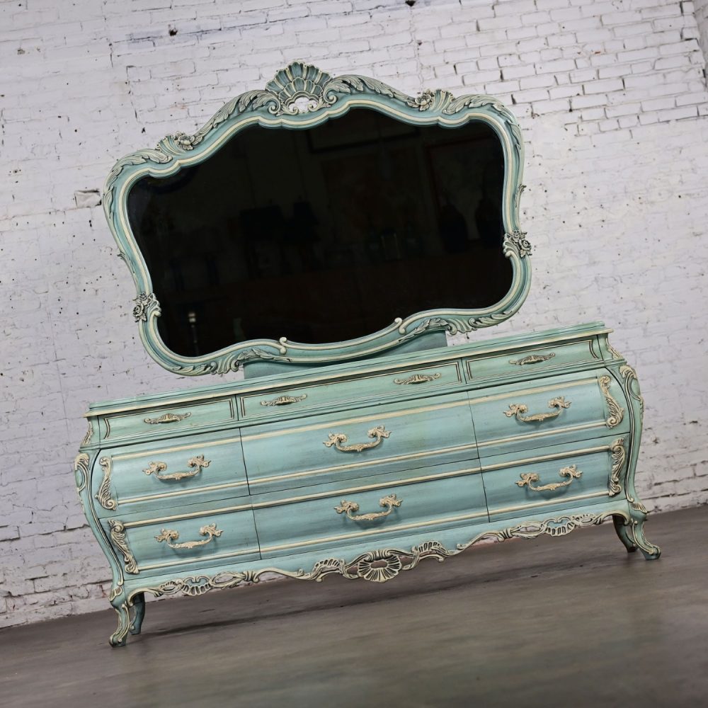 French Provincial Style Heavy Carved Powder Blue Ceruse Bombay Dresser & Mirror